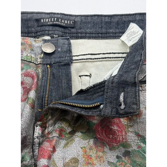 Street Label Los Angeles Coated Jeans Roses Floral Straight Metallic USA Size 32 - Picture 7 of 11